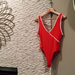 Bright Red Plunging Neckline Bodysuit